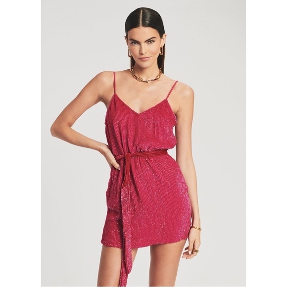 NWT Retrofête Claire Beaded Sequin Hot Pink Barbiecore Tie Waist Mini Slip Dress - Picture 1 of 12